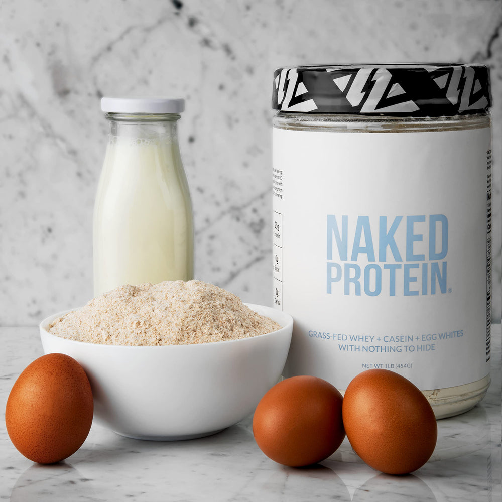 NAKED Protein Powder Blend scoop with bottle suggests convenient portions.