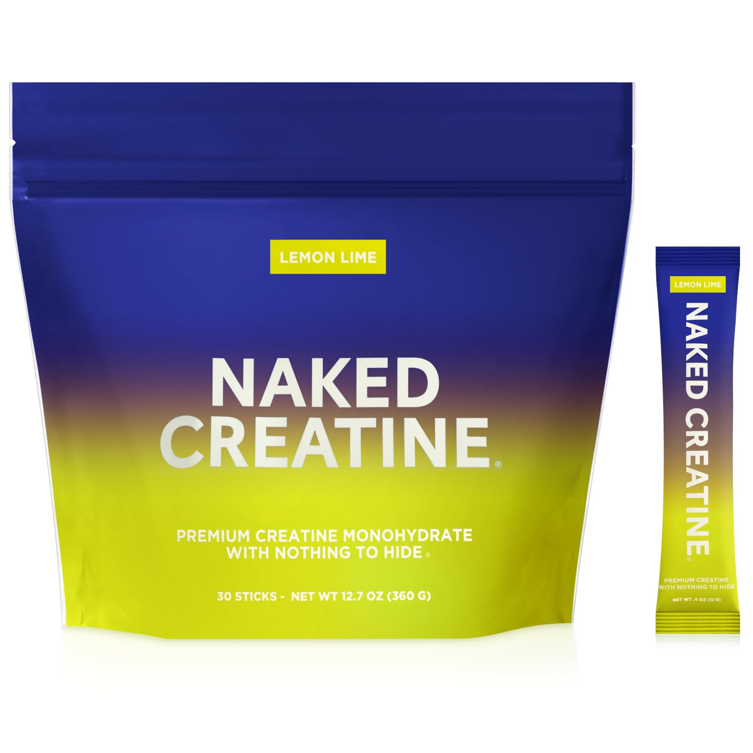 Naked Pure Micronized Creatine Lemon Lime stick pack ready to dissolve in water for quick mix
