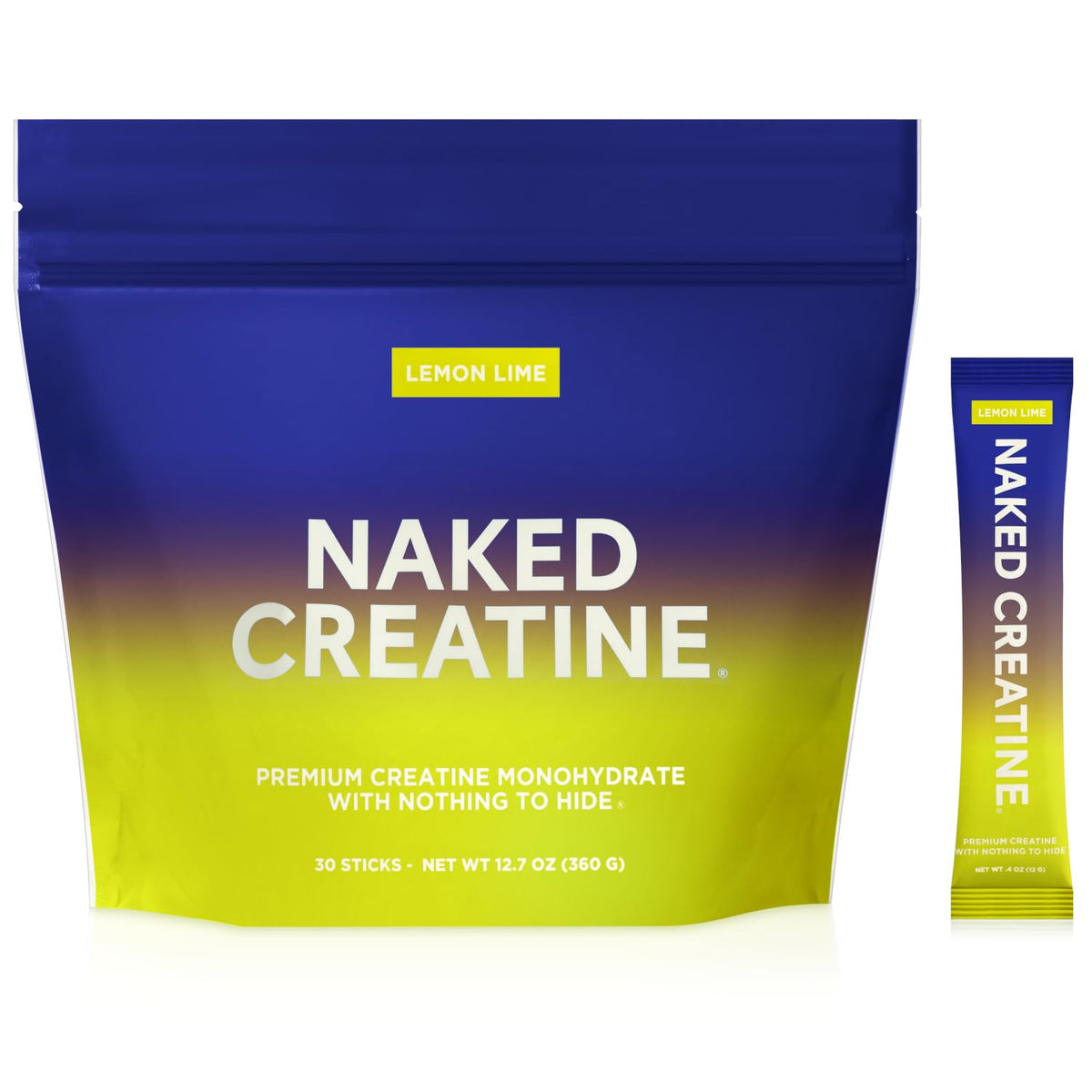Naked Pure Micronized Creatine Lemon Lime stick pack ready to dissolve in water for quick mix