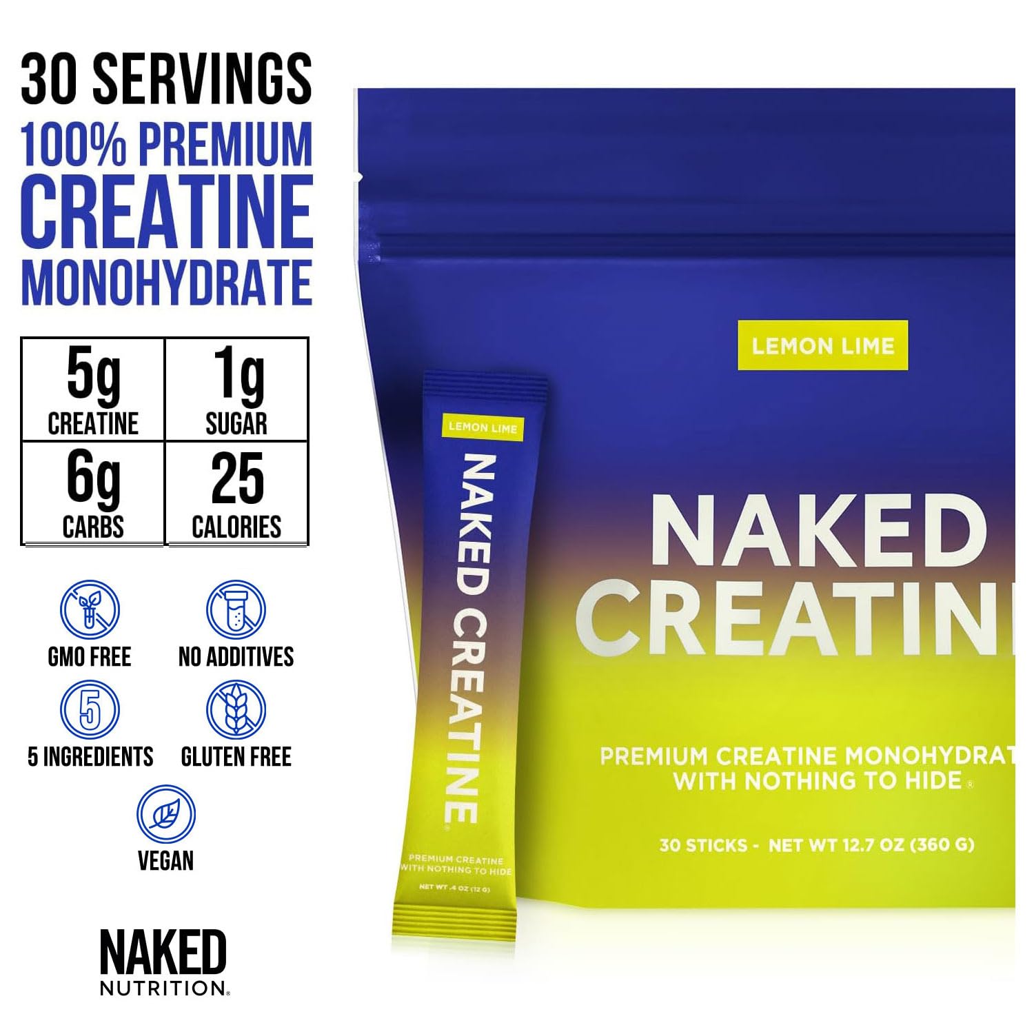 Pour-ready Naked Lemon Lime creatine stick pack beside a glass