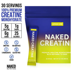 Pour-ready Naked Lemon Lime creatine stick pack beside a glass