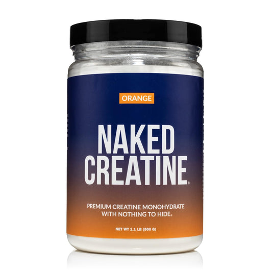 NAKED orange creatine powder in a jar for clean taste and easy mixing.