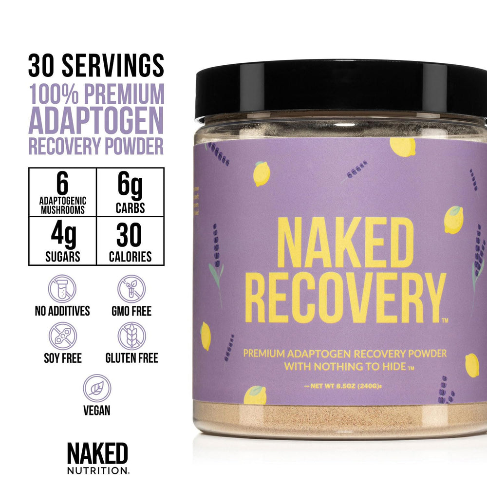 NAKED Recovery mushroom blend display highlighting six adaptogens