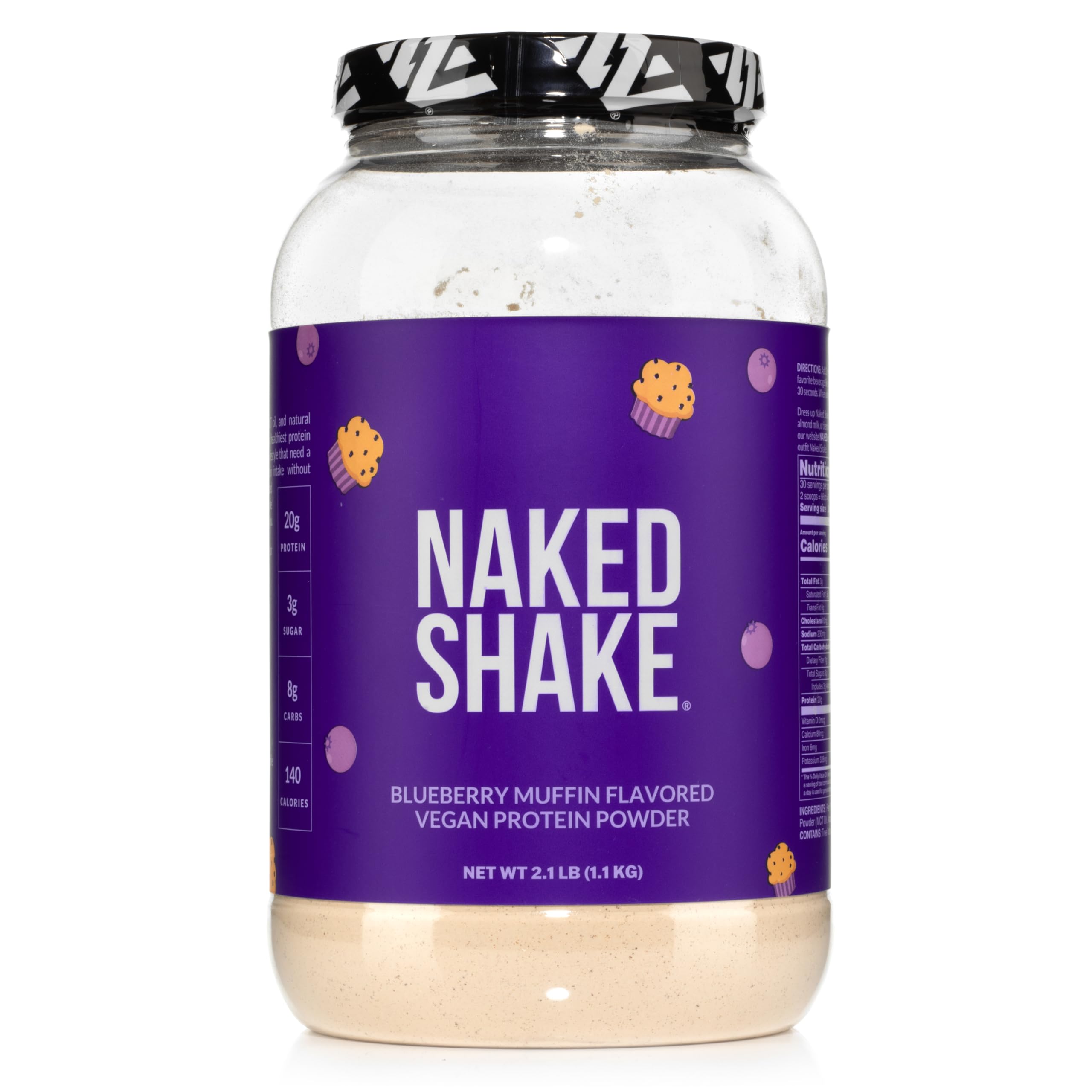 NAKED Shake Blueberry Muffin Powder bottle pour ready for a plant-based shake