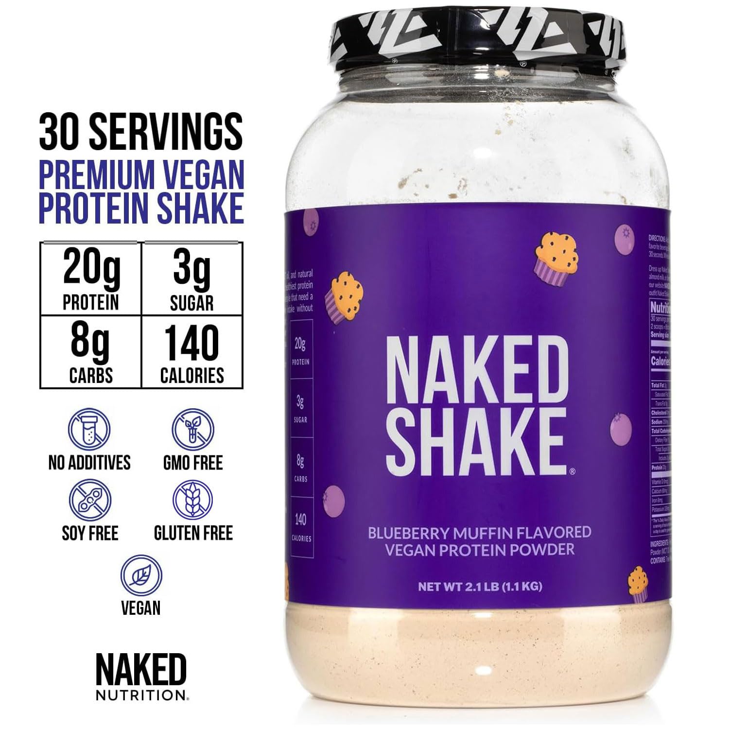 NAKED Shake Blueberry Muffin Powder scoop and glass ready for fast refuel