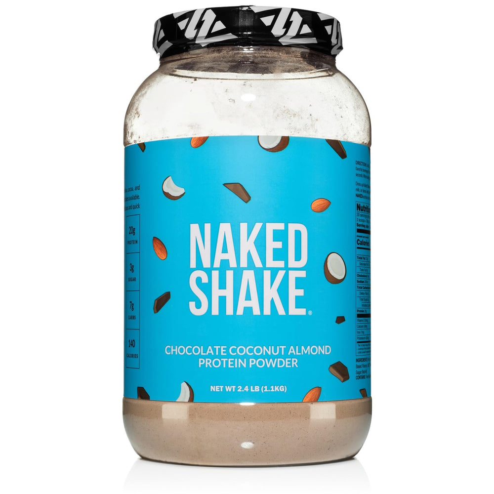 NAKED Shake chocolate coconut almond tub highlights vegan pea protein for a satisfying shake.