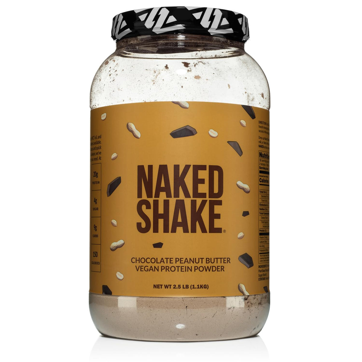 NAKED Shake chocolate peanut butter powder being poured into a glass for a quick plant-based protein boost