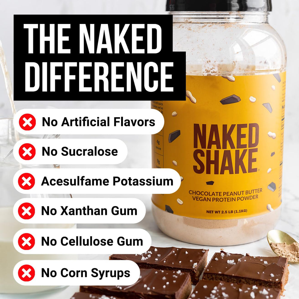 Glass of NAKED Shake chocolate peanut butter shake ready for a fast post-workout snack