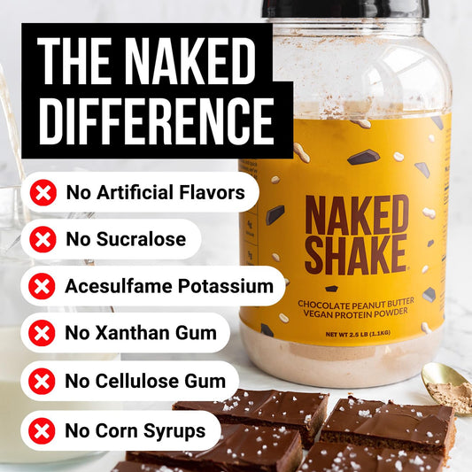 Glass of NAKED Shake chocolate peanut butter shake ready for a fast post-workout snack
