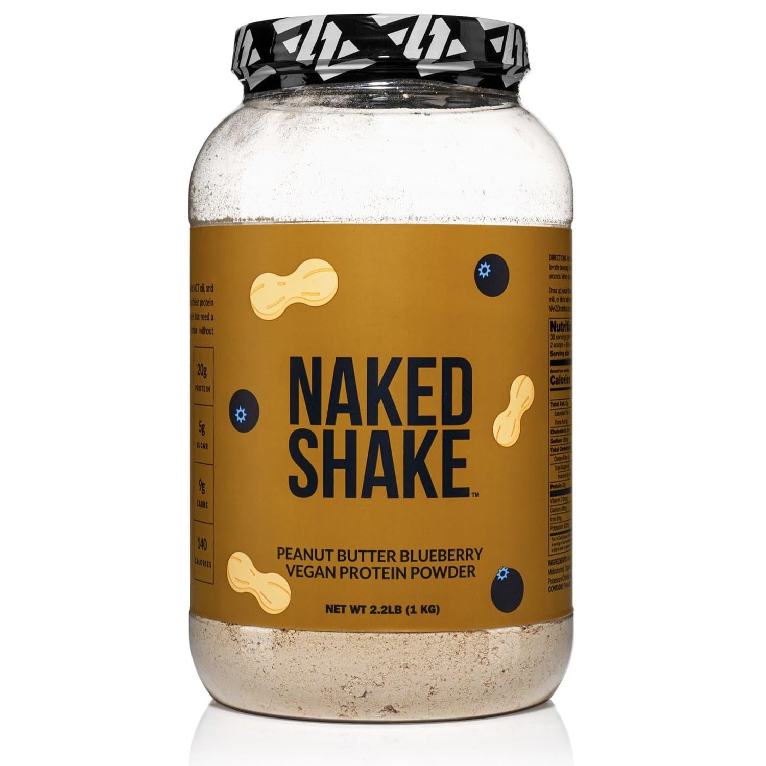NAKED Shake peanut butter blueberry powder in tub, showcasing clean plant protein.