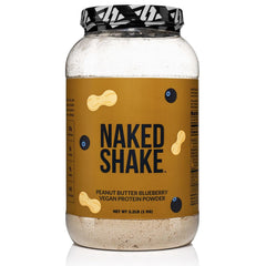 NAKED Shake peanut butter blueberry powder in tub, showcasing clean plant protein.