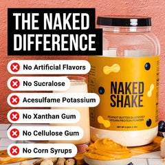 NAKED Shake peanut butter blueberry shake in glass, ready for a quick protein boost.