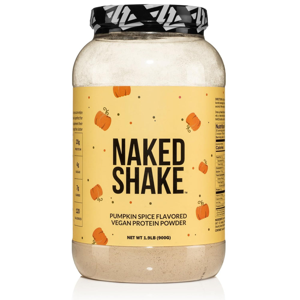 NAKED Shake pumpkin-spice protein powder tub for quick protein boost.