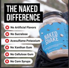 NAKED Shake shake in glass demonstrates quick, tasty protein with coconut chocolate flavor.
