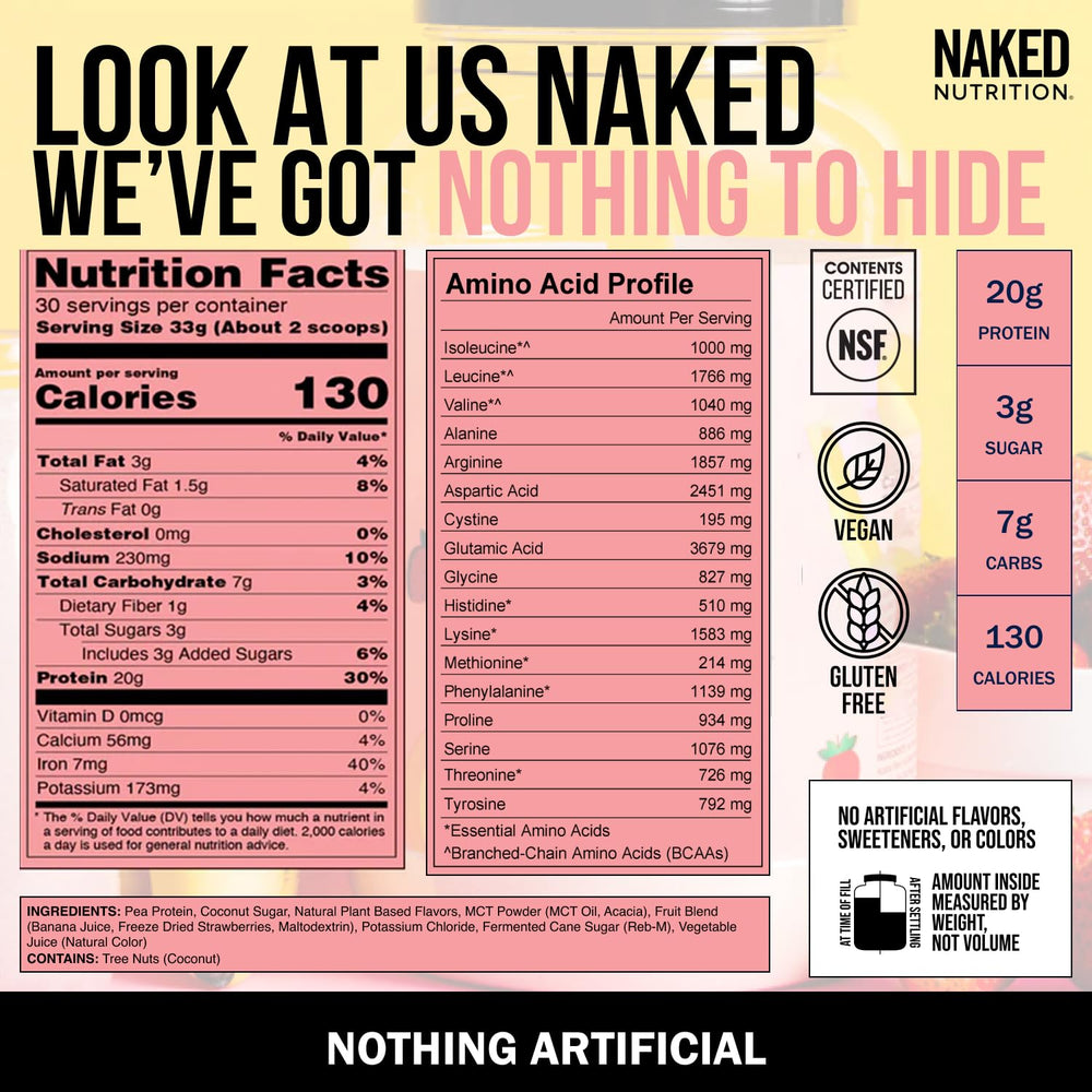 NAKED Shake USA and Canada pea protein source shown on label.