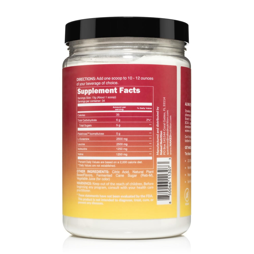 NAKED Strawberry Lemonade BCAAs label close-up highlighting vegan amino acids.