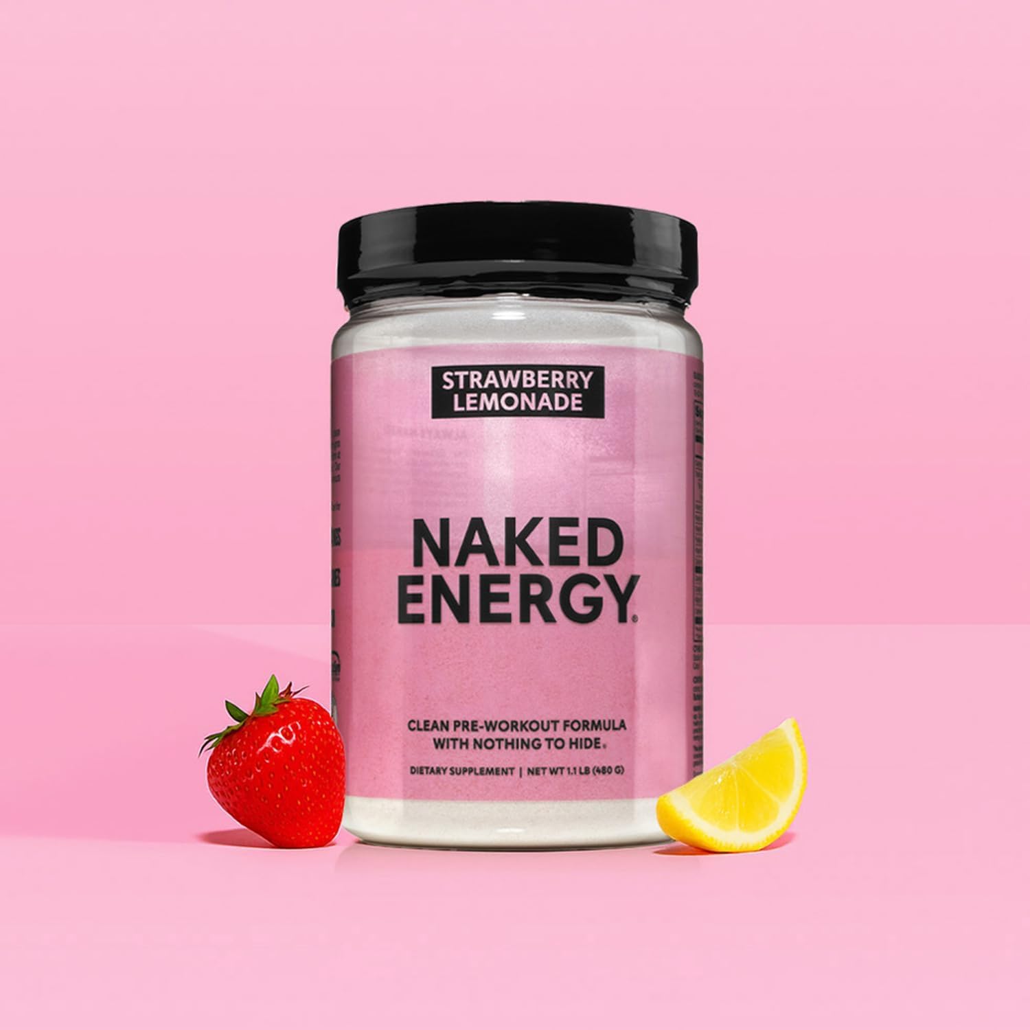 NAKED Strawberry Lemonade Energy gym-use shot conveys on-the-go workout support.