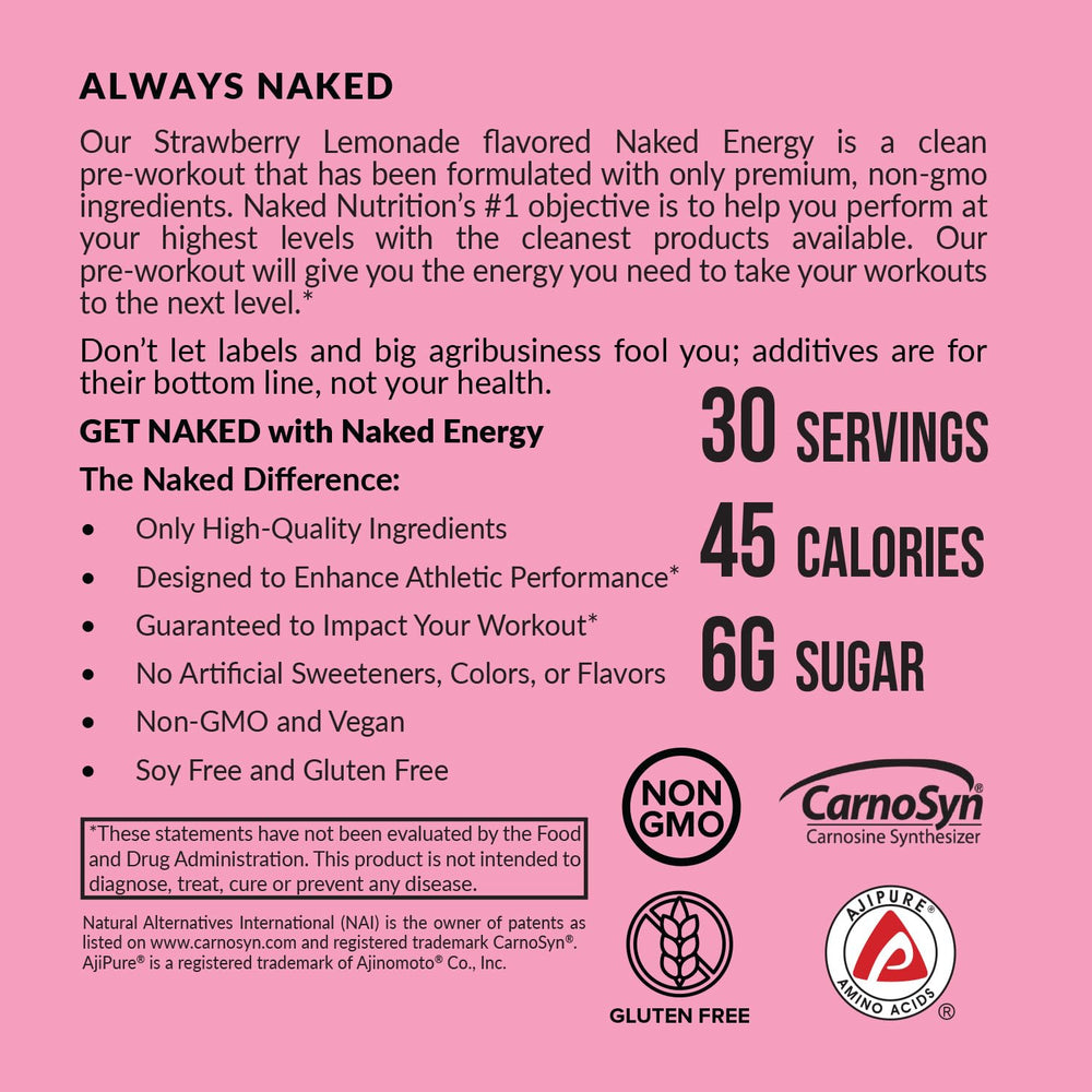NAKED Strawberry Lemonade Energy in-scoop highlights convenient pre-workout mix.
