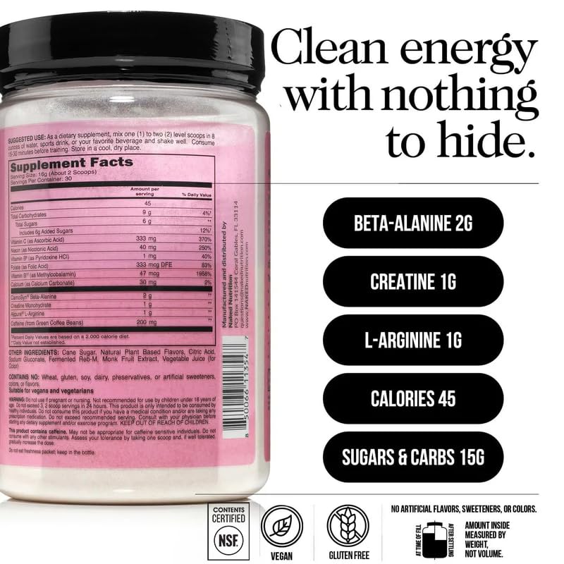 NAKED Strawberry Lemonade Energy tub front shows vegan, no added sweeteners.