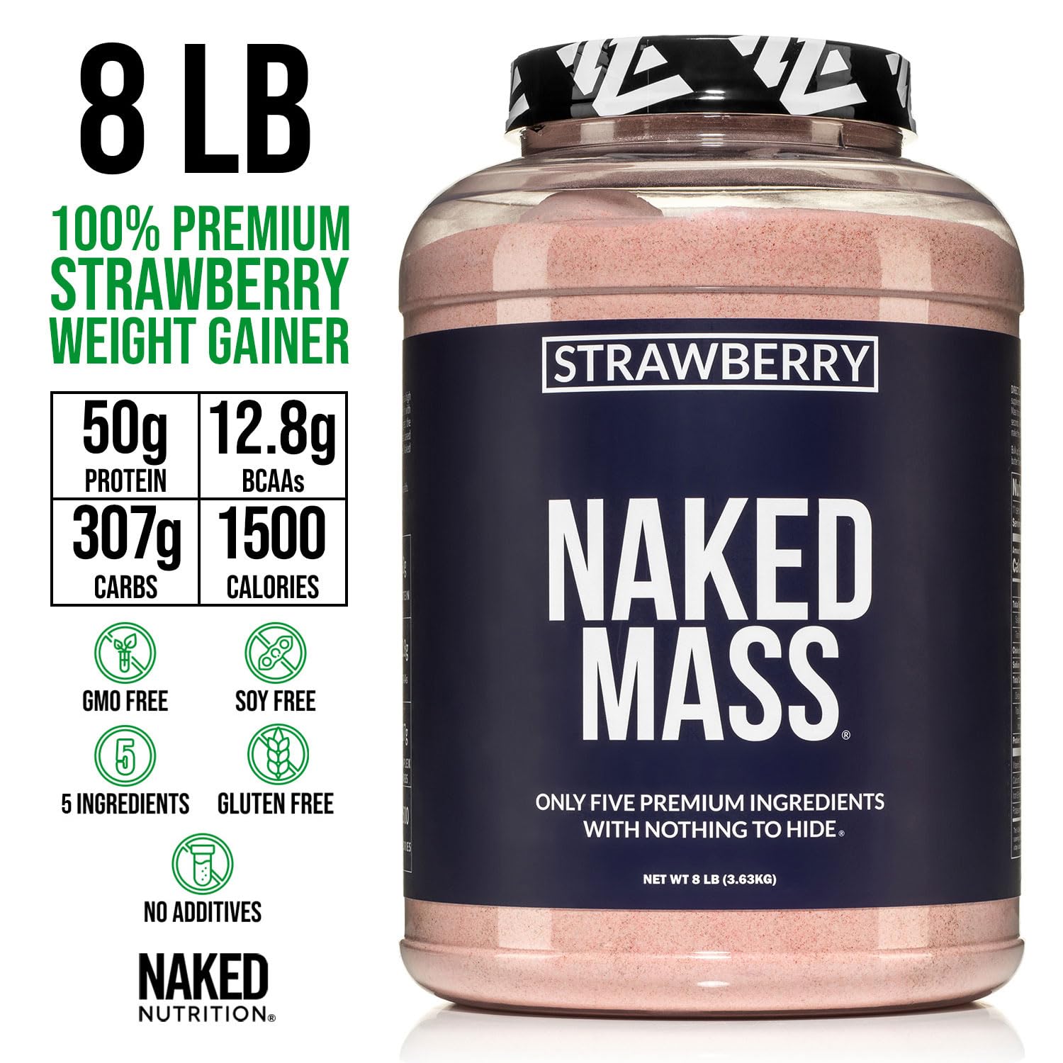 NAKED Strawberry Mass scoop on counter emphasizes easy, quick mix-and-go nutrition