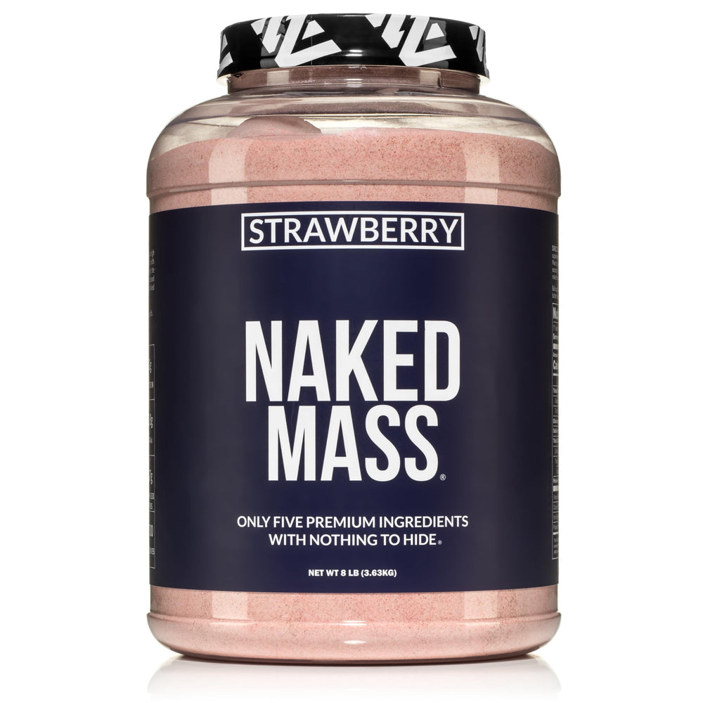 NAKED Strawberry Mass tub front highlights a clean, ingredient-focused formula for calorie-dense shakes