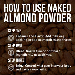 NAKED almond protein powder with third-party testing badge.