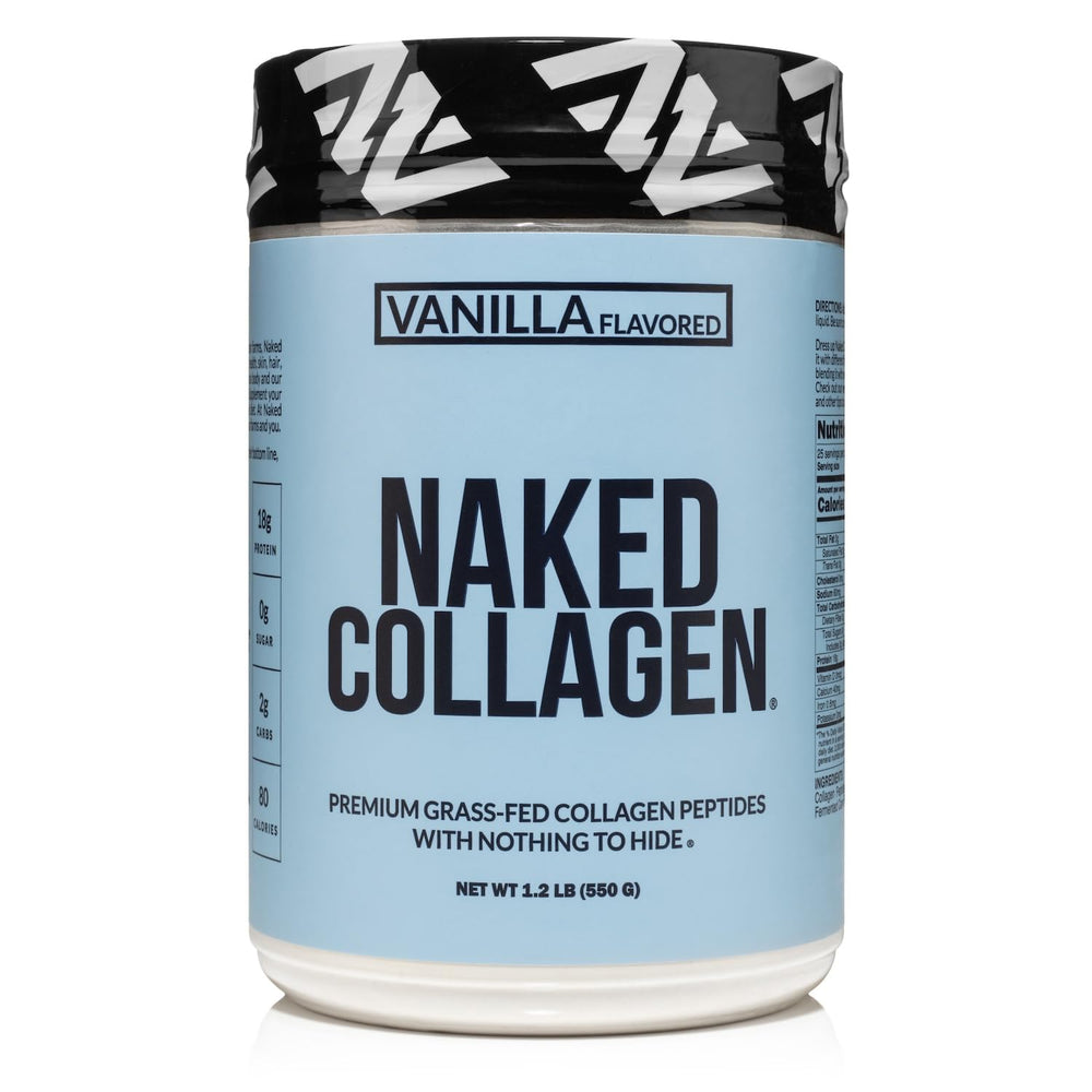 NAKED Vanilla Collagen Peptides tub; tasteless base for hot or cold drinks.