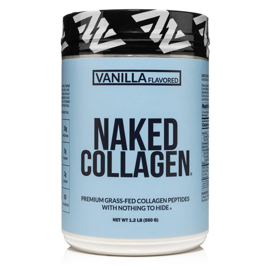NAKED Vanilla Collagen Peptides tub; tasteless base for hot or cold drinks.