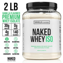 NAKED Vanilla Whey Isolate bottle label highlights four-ingredient formula.