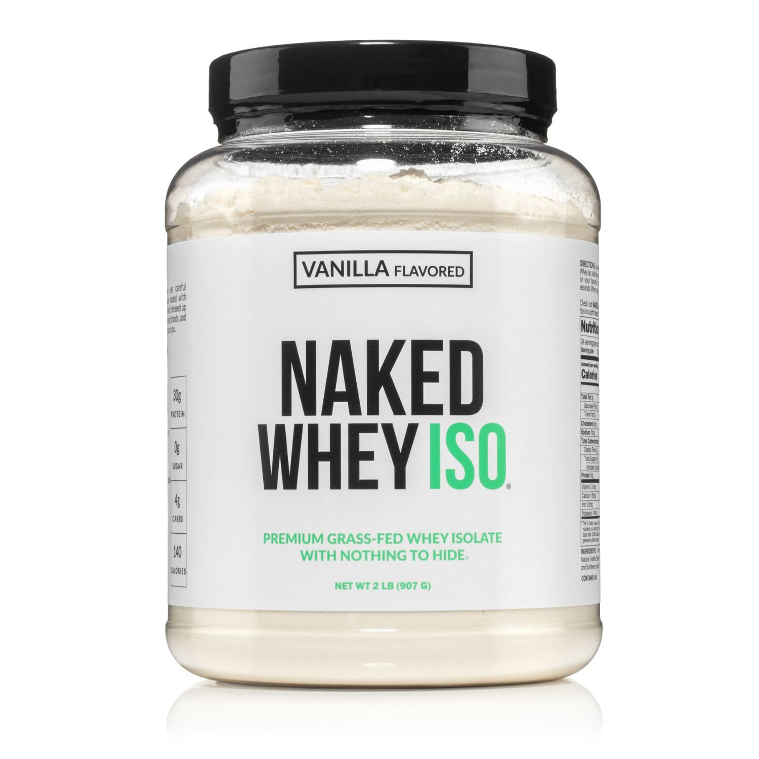 NAKED Vanilla Whey Isolate jar on counter highlights clean ingredients for post-workout fuel.