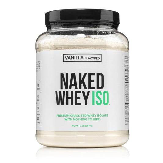 NAKED Vanilla Whey Isolate jar on counter highlights clean ingredients for post-workout fuel.