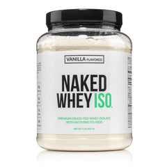 NAKED Vanilla Whey Isolate jar on counter highlights clean ingredients for post-workout fuel.