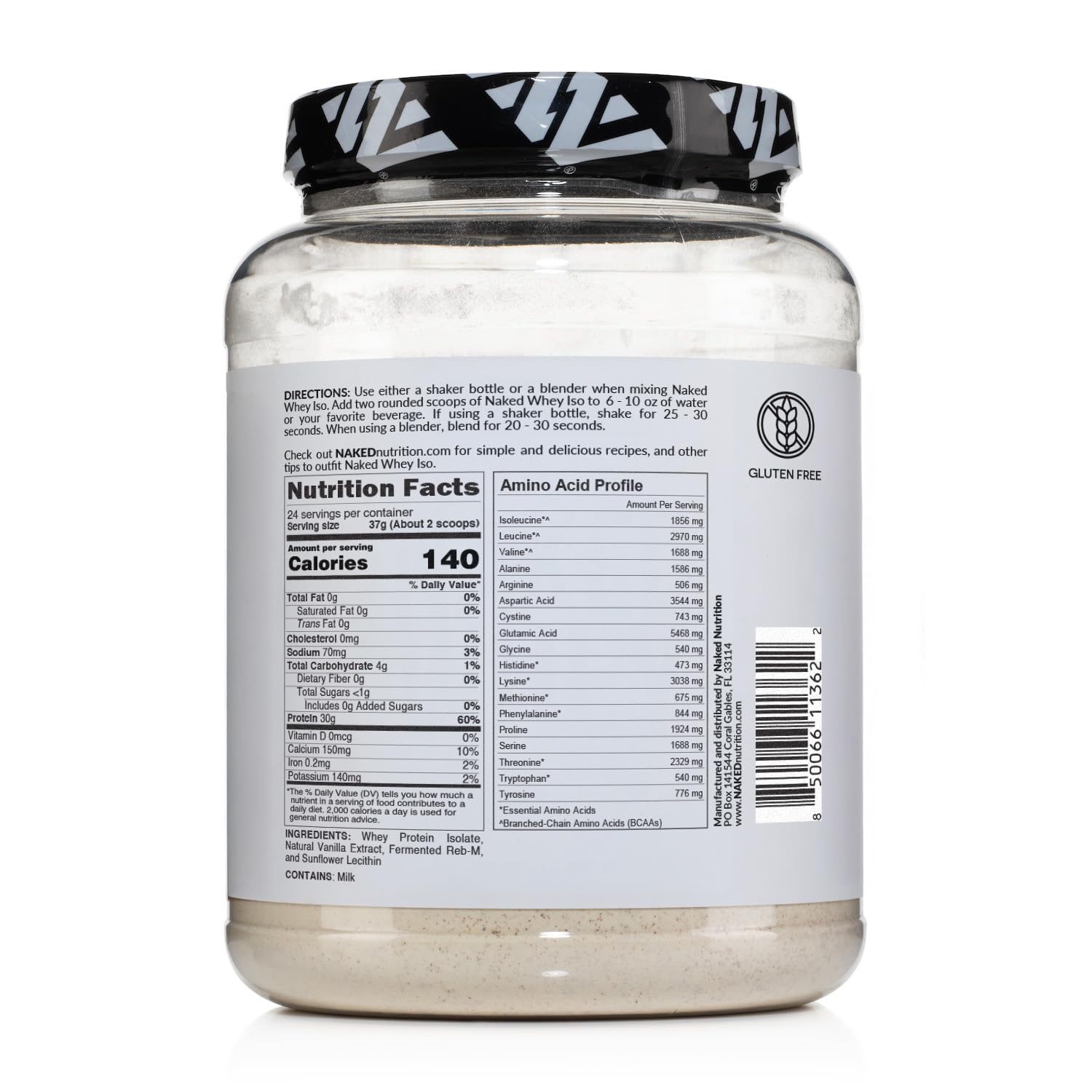 NAKED Vanilla Whey Isolate ingredients list shows four-ingredient formula.