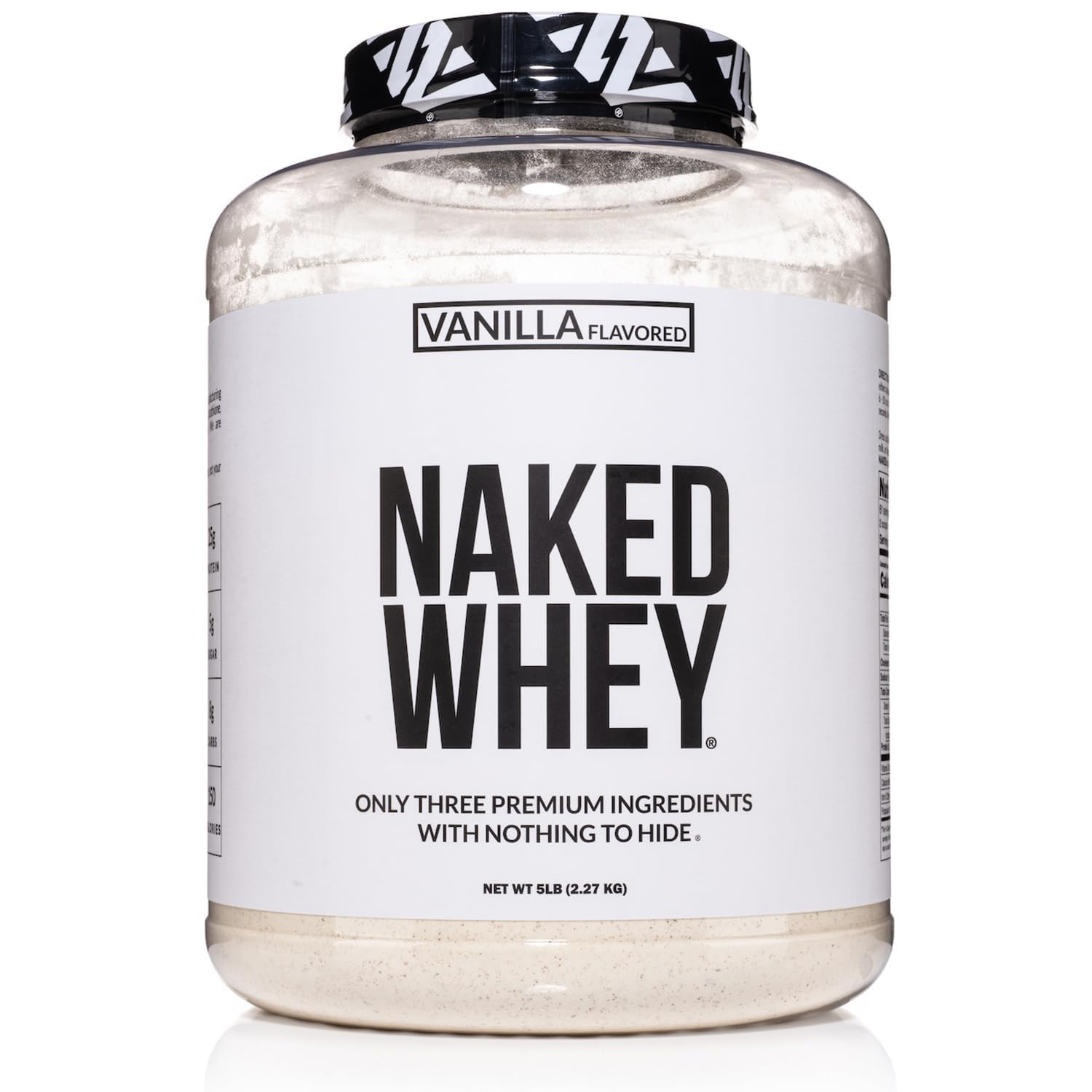 NAKED Vanilla Whey tub front label highlights clean three-ingredient formula for post-workout.