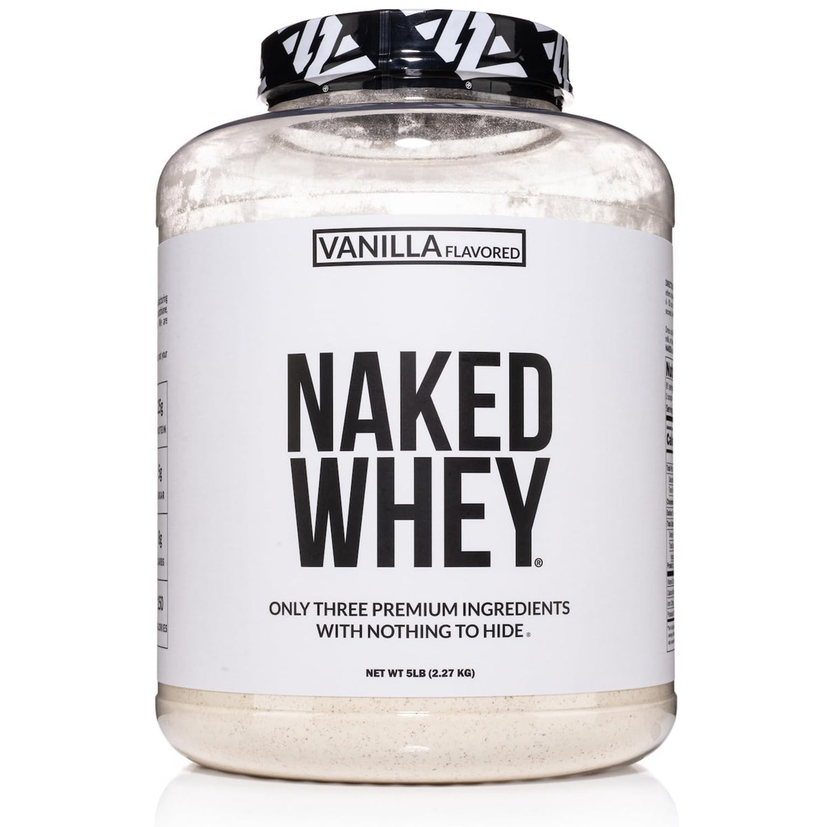 NAKED Vanilla Whey tub front label highlights clean three-ingredient formula for post-workout.