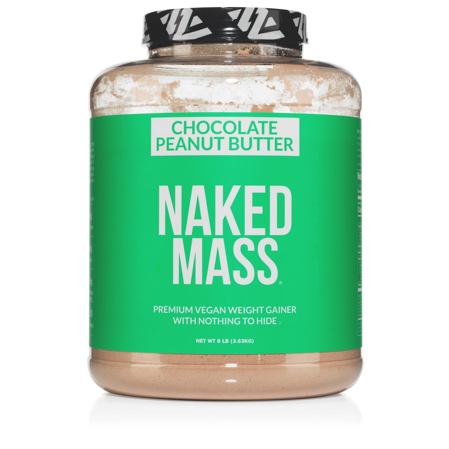 NAKED Vegan Mass chocolate peanut butter powder tub, premium plant protein blend for vegan gains