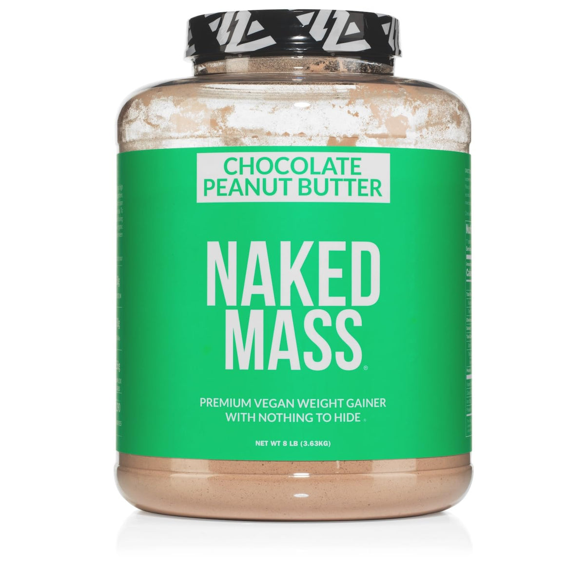 NAKED Vegan Mass chocolate peanut butter powder tub, premium plant protein blend for vegan gains