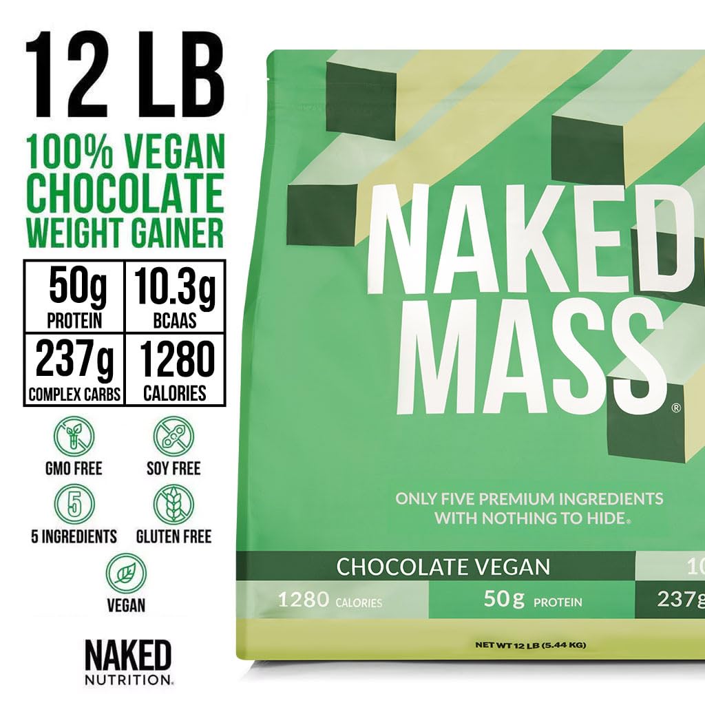 NAKED Vegan Mass chocolate shake glass highlighting creamy texture for post workout fueling.