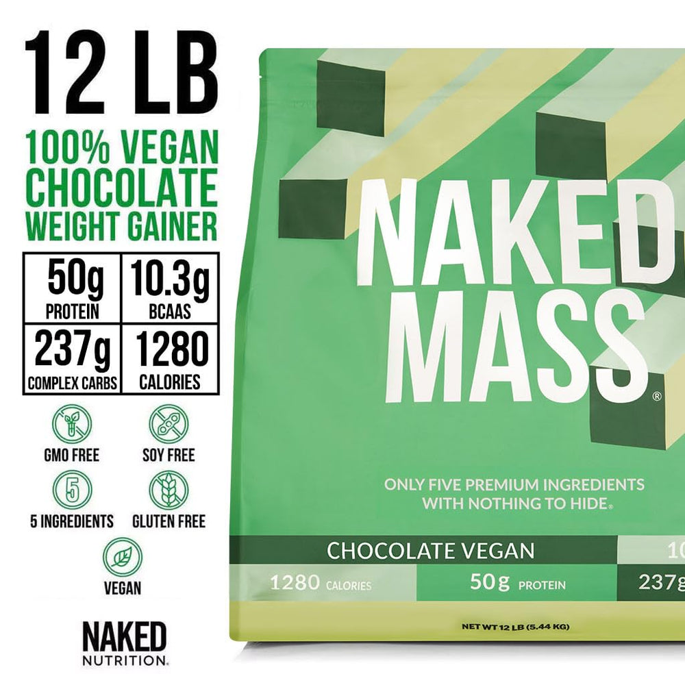 NAKED Vegan Mass chocolate shake glass highlighting creamy texture for post workout fueling.