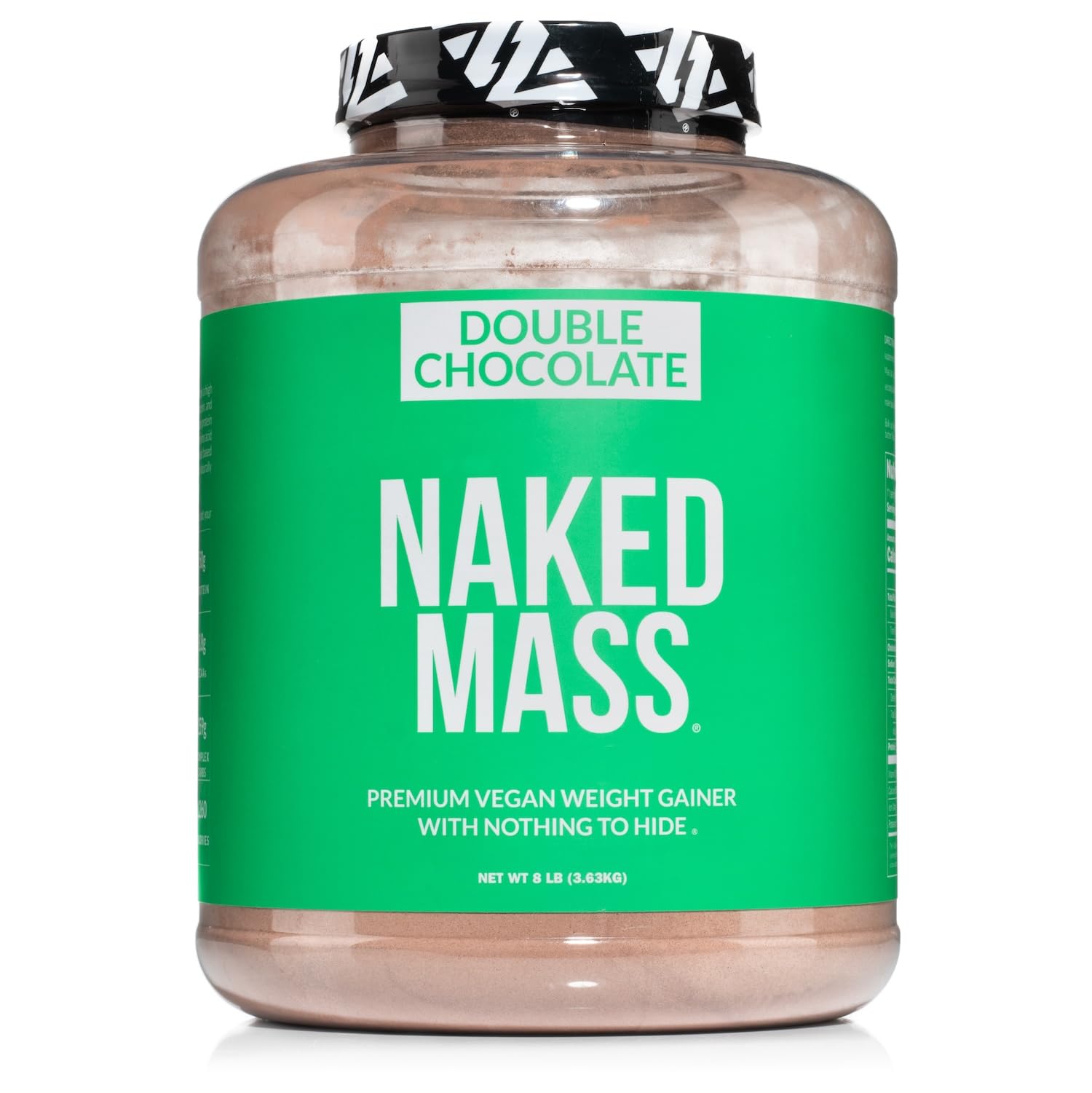 NAKED Vegan Mass double chocolate container highlights clean, non-GMO nutrition for steady weight support.