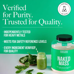 NAKED Vegan Mass container highlighting organic tapioca maltodextrin complex carbohydrates