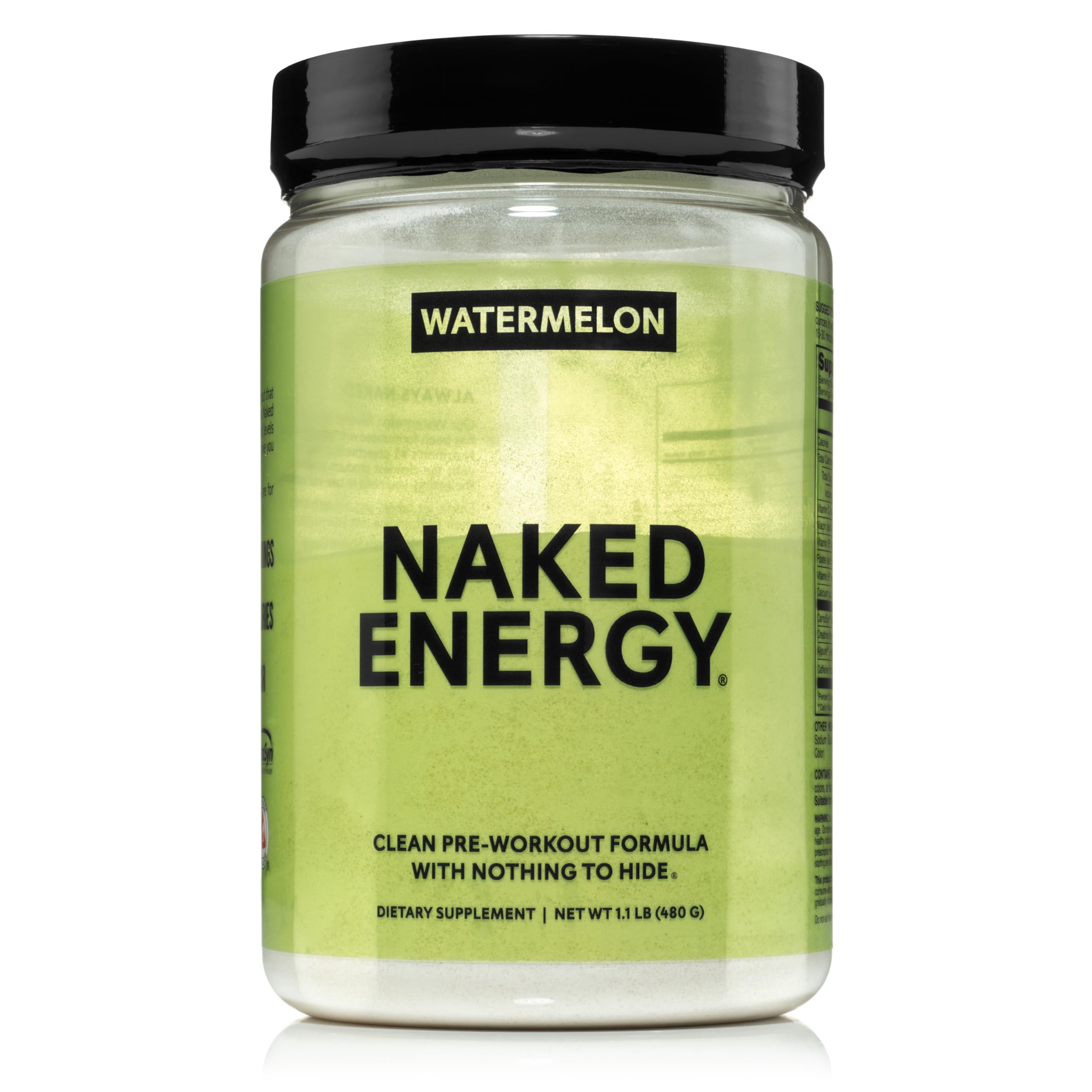 NAKED Watermelon Energy tub front view, unflavored vegan pre-workout formula.