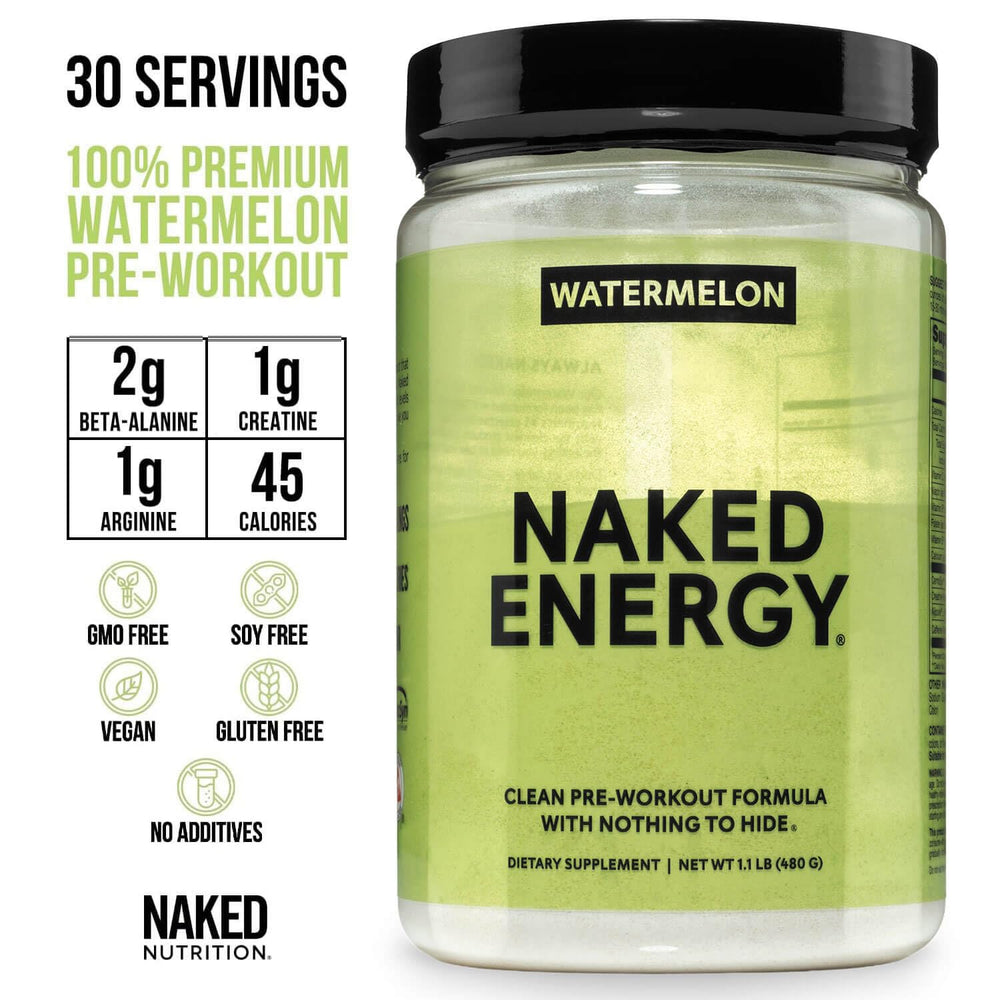 NAKED Watermelon Energy tub side view, compact packaging and ingredients visible.