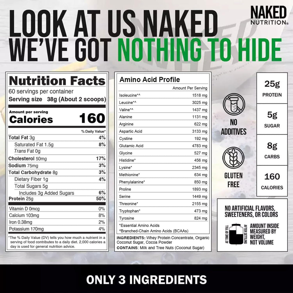 Naked Whey Chocolate bag on a kitchen counter with a scoop.