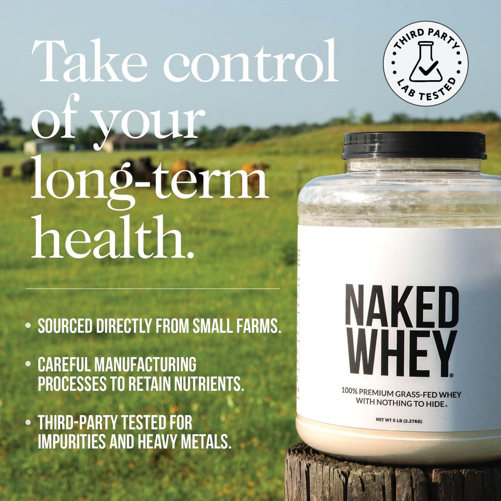 Nutrition facts panel on Naked Whey Chocolate highlighting protein per serving.