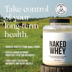 Nutrition facts panel on Naked Whey Chocolate highlighting protein per serving.
