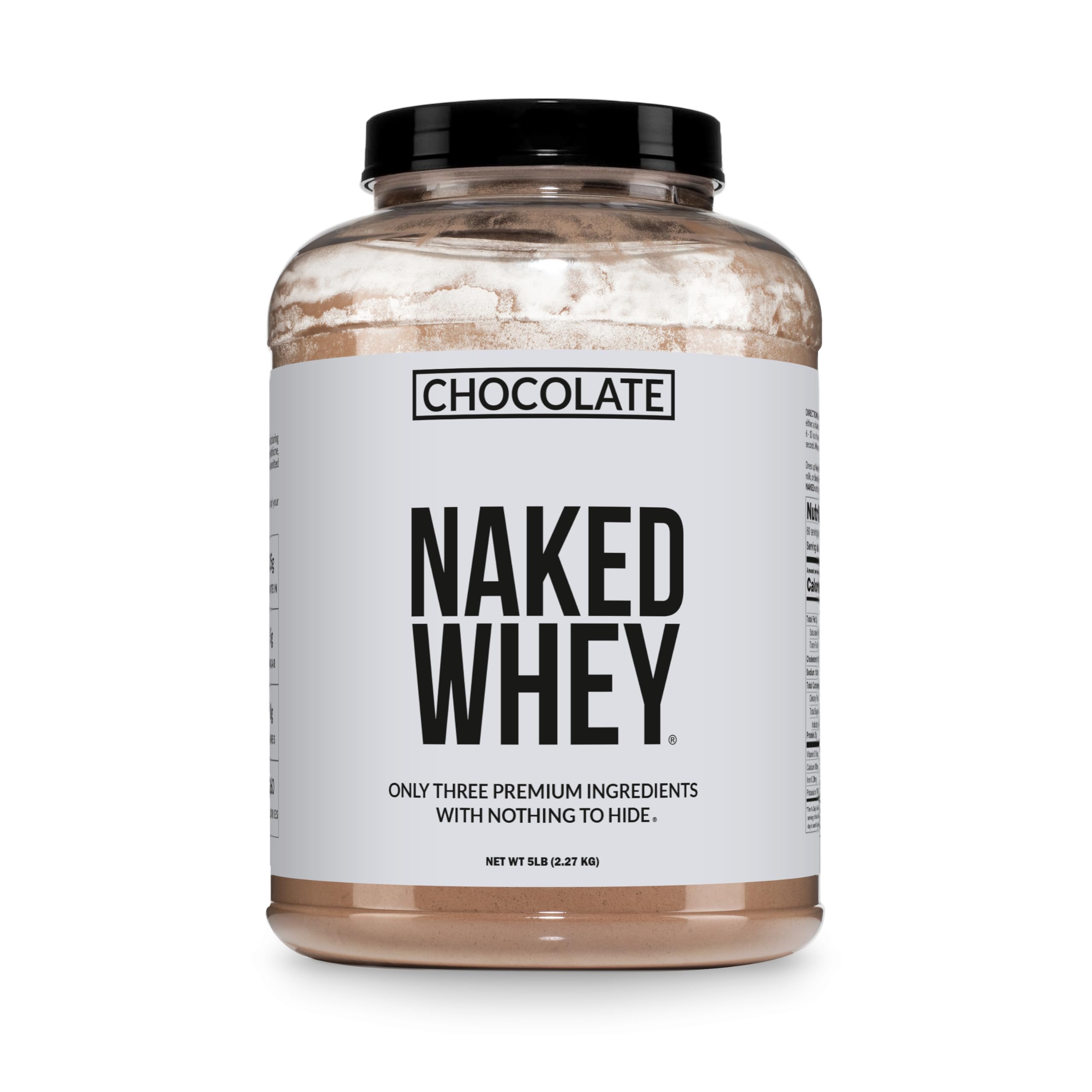 NAKED Whey Chocolate powder poured into a shaker for a protein shake.