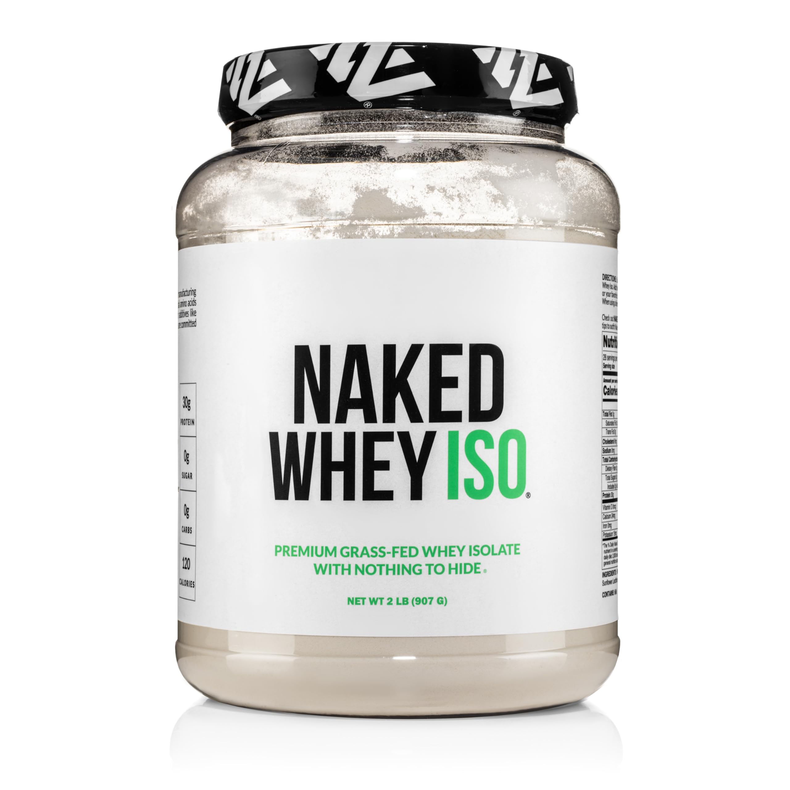 NAKED Whey Isolate bottle front showing clean two-ingredient formula for easy shakes