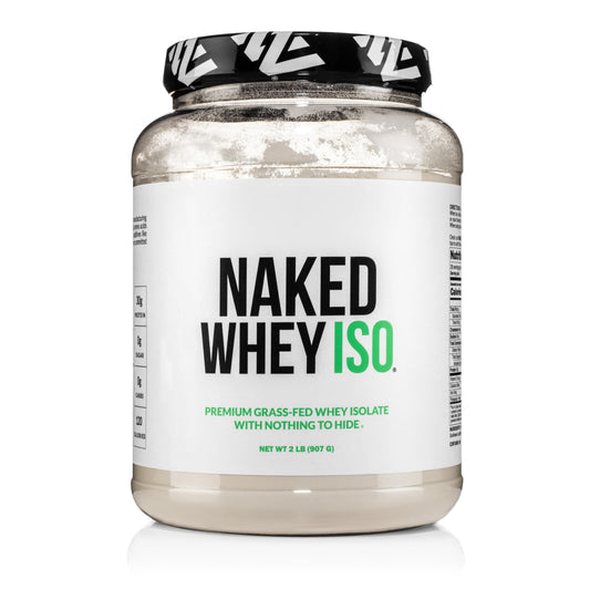 NAKED Whey Isolate bottle front showing clean two-ingredient formula for easy shakes
