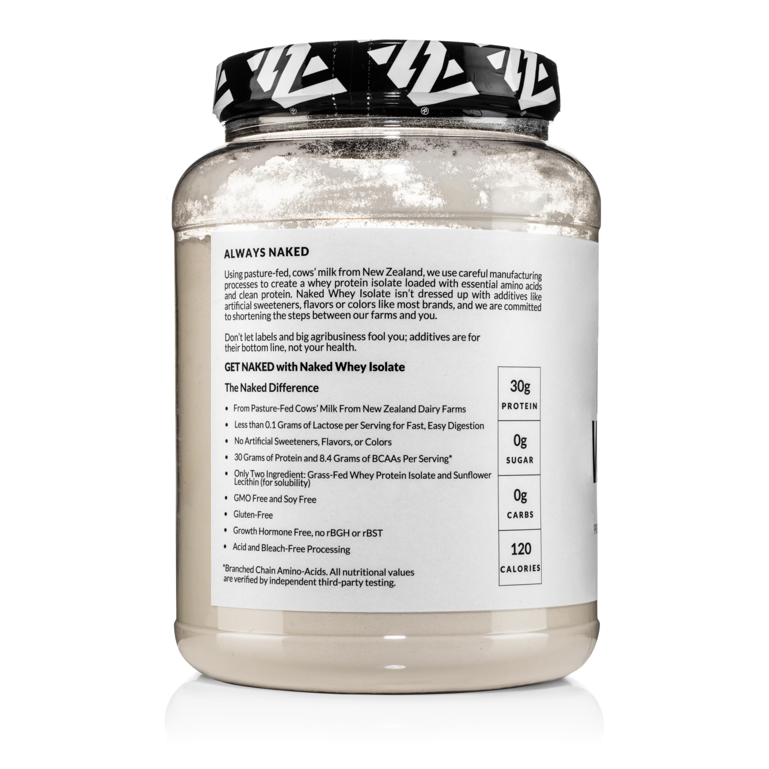 NAKED Whey Isolate no artificial sweeteners claim on jar